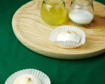 High angle view of bread in bowl on table