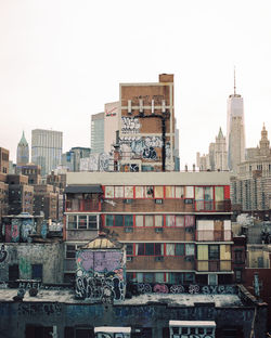 Buildings in city against clear sky