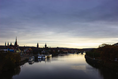 Scenic view of river by buildings against sky at sunset