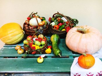 High angle view of fruits and pumpkins on table 