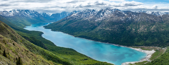 Panoramic view of lake and mountains against sky