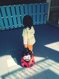 Rear view of girl holding ladybug bag