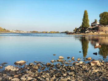 Scenic view of lake against clear sky