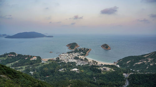 High angle view of bay against sky