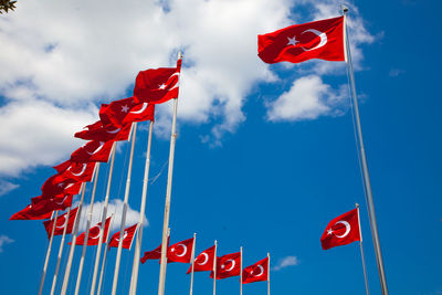 Turkish flags with blue sky in the background in the park in sunny day. turkish patriotism concept