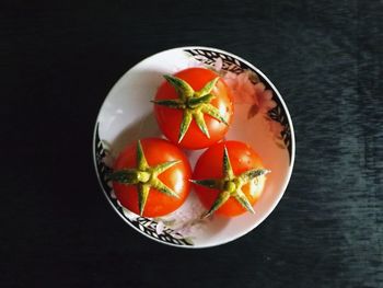 High angle view of fruits in bowl on table