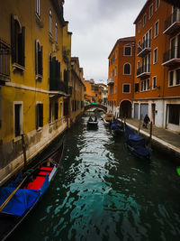 Boats moored in canal amidst buildings against sky