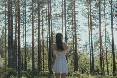 Rear view of woman standing amidst trees in forest