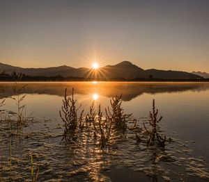 Scenic view of lake against sky during sunset