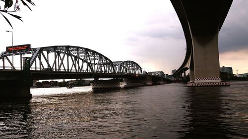 Bridge over river against sky in city