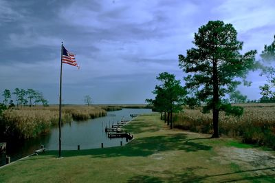 Scenic view of lake against cloudy sky