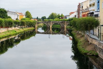 Arch bridge over river amidst buildings against sky