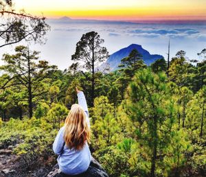 Rear view of man looking at mountain against sky
