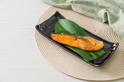 High angle view of food in plate on table