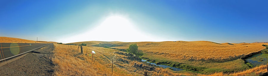 Panoramic view of land and mountains against clear blue sky