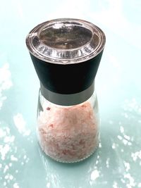 High angle view of drink in glass jar on table