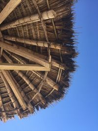 Low angle view of stack of wood against clear sky