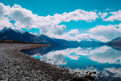 Scenic view of lake by snowcapped mountains against sky