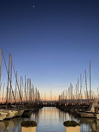 Sailboats moored in harbor against clear blue sky