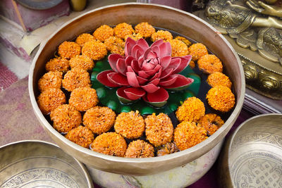 High angle view of various flowers in container