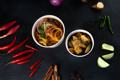 High angle view of food served on table