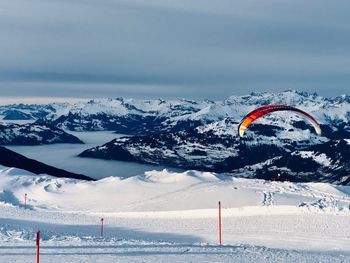 Scenic view of snowcapped mountains against sky