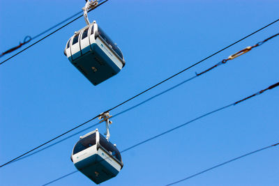 Low angle view of overhead cable car against clear blue sky
