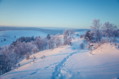 Scenic view of snow covered landscape against clear sky