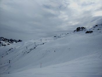 Scenic view of snowcapped mountain against cloudy sky