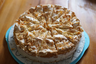 High angle view of cake in plate on table