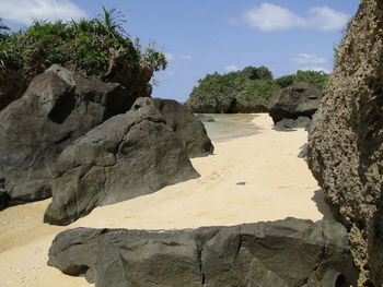 Rock formations on landscape against sky