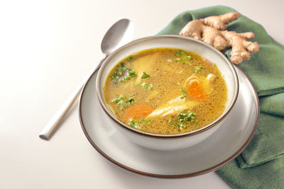 Close-up of soup in bowl on table