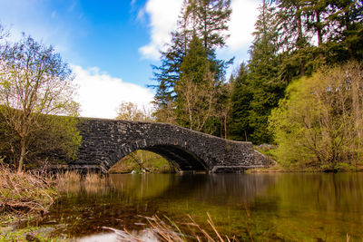 Arch bridge over lake against sky