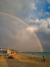 Scenic view of rainbow over sea against sky