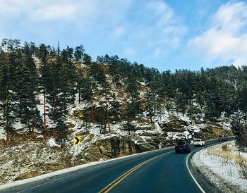 Road amidst trees against sky during winter