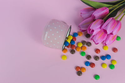 High angle view of pink flowers on table