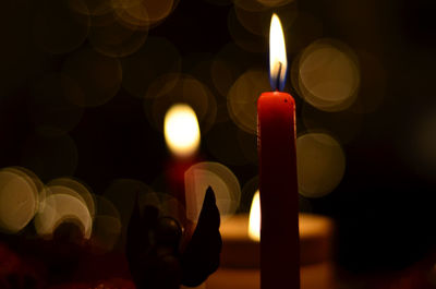 Close-up of lit candle in dark room