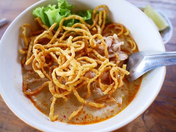 High angle view of noodles served in bowl