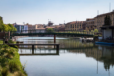 Bridge over river by buildings against sky in city