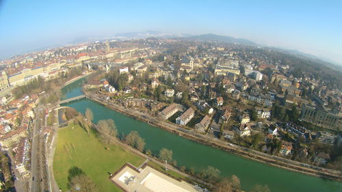 High angle view of buildings in city against sky