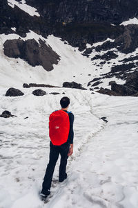 Rear view of man standing on snow covered mountain