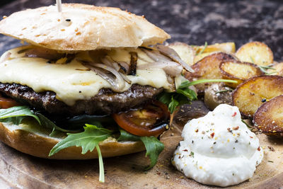Close-up of burger in plate