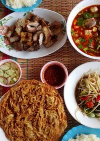 High angle view of food in plate on table