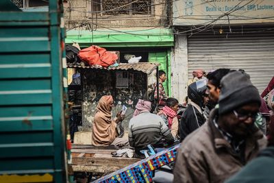 People in front of building