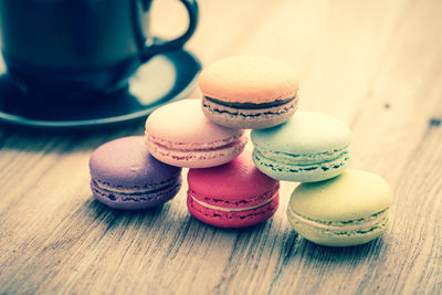 Close-up of multi colored candies on table