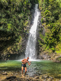 Man surfing on rock in forest