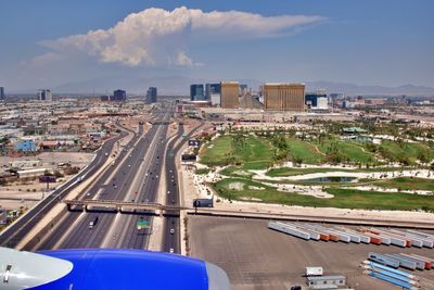 High angle view of road amidst buildings in city