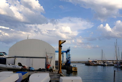 Panoramic view of harbor against sky