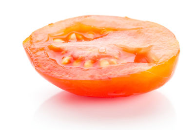 Close-up of orange slice against white background
