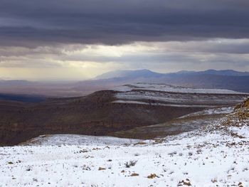 Scenic view of snow covered mountains against sky